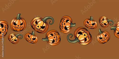 seamless Halloween border, strip,  vector illustration of a repeating pattern with lots of grinning pumpkins on a brown backdrop, background of chaotic jack lanterns