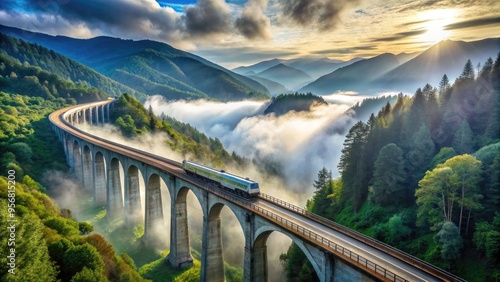 A dramatic steel viaduct bridge stretches across a serene mountain valley, as a sleek silver train hurtles through the misty morning atmosphere, surrounded by lush greenery. photo