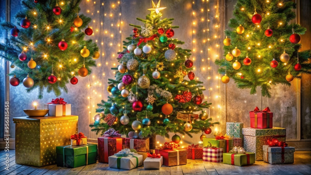 A festively decorated tree stands tall amidst a sea of colorful gifts, ornaments, and sparkling lights, capturing the magic of the holiday season's arrival. A festively decorated tree stands tall amidst a sea of colorful gifts, ornaments, and sparkling lights, capturing the magic of the holiday season's arrival.