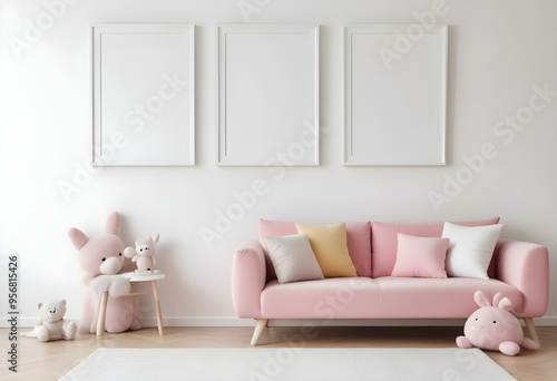 A cozy and minimalist children's room with a pink sofa, plush toys, and three empty white frames on the wall.