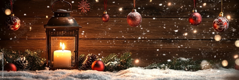 Festive lantern with glowing candle surrounded by ornaments and pine branches on snowy wooden surface, creating a warm and cozy Christmas atmosphere. Festive lantern with glowing candle surrounded by ornaments and pine branches on snowy wooden surface, creating a warm and cozy Christmas atmosphere.
