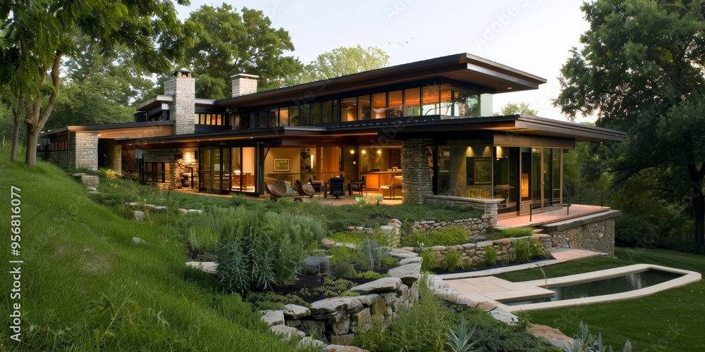 An eco-friendly house with passive solar design and energy-efficient appliances, blending with nature An eco-friendly house with passive solar design and energy-efficient appliances, blending with nature