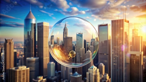 A fragile, transparent soap bubble containing a miniature cityscape with towering skyscrapers, surrounded by faint dollar signs and floating above a blurred financial district background. photo