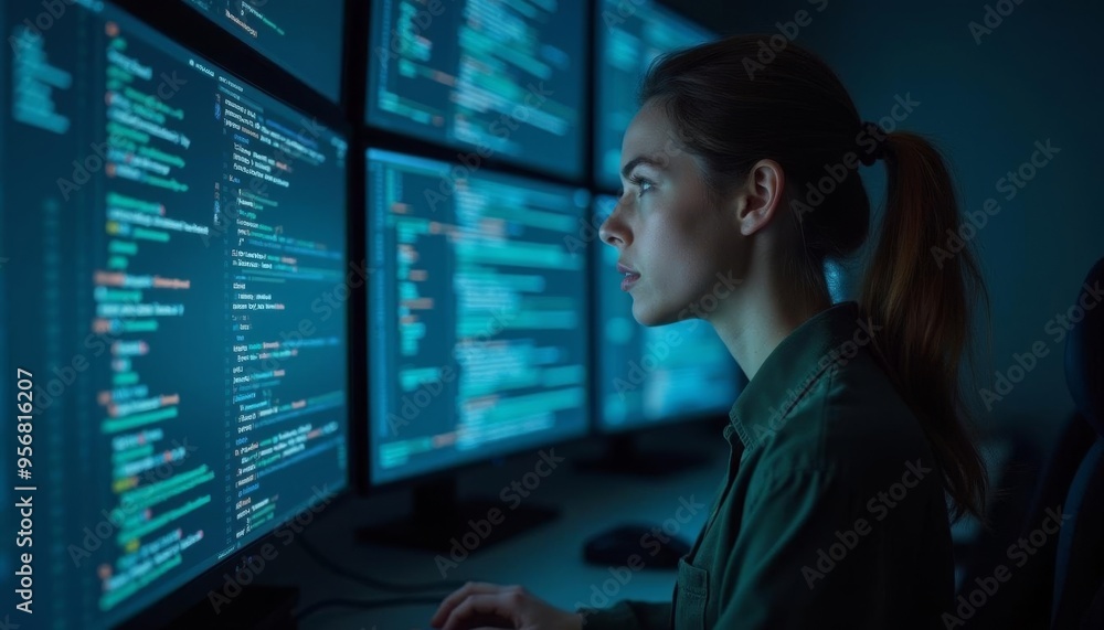 Focused woman coding on multiple screens in a dimly lit workspace during late-night hours Focused woman coding on multiple screens in a dimly lit workspace during late-night hours