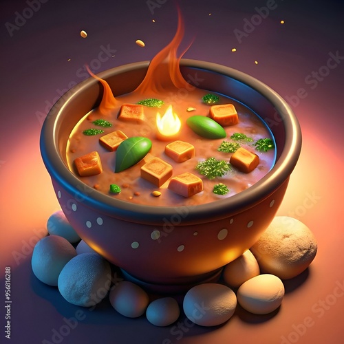 A steaming bowl of egusi soup. a flavorful West African delicacy. depicted in a vibrant 3D illustration. photo