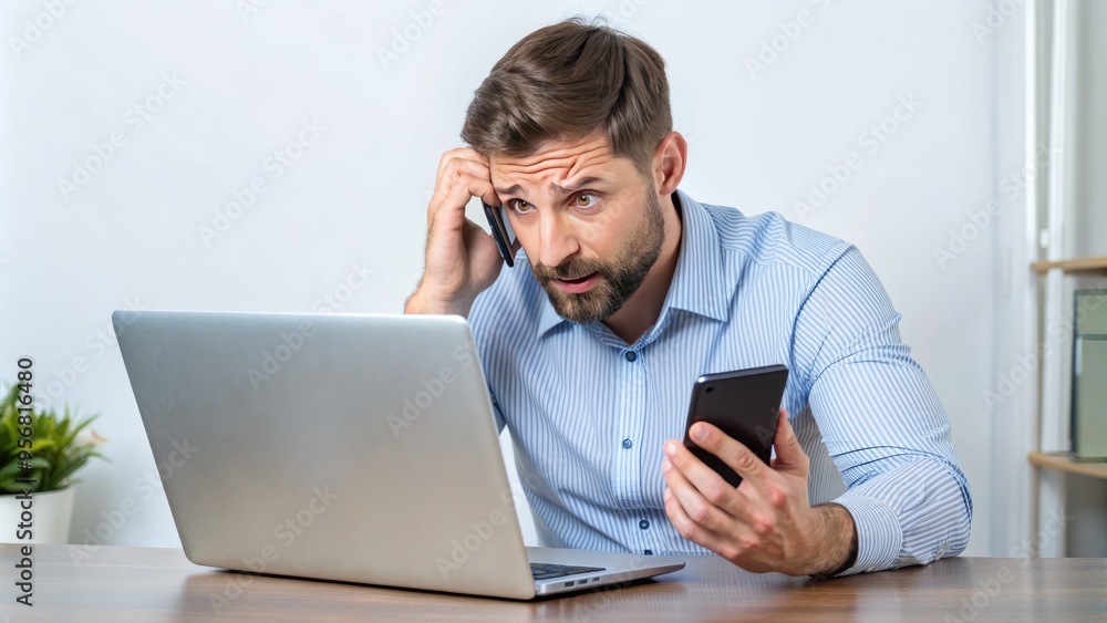 A frustrated consumer holds a phone, gazing at a laptop screen with a mixture of disappointment and confusion, seeking assistance from a distant helpdesk. A frustrated consumer holds a phone, gazing at a laptop screen with a mixture of disappointment and confusion, seeking assistance from a distant helpdesk.