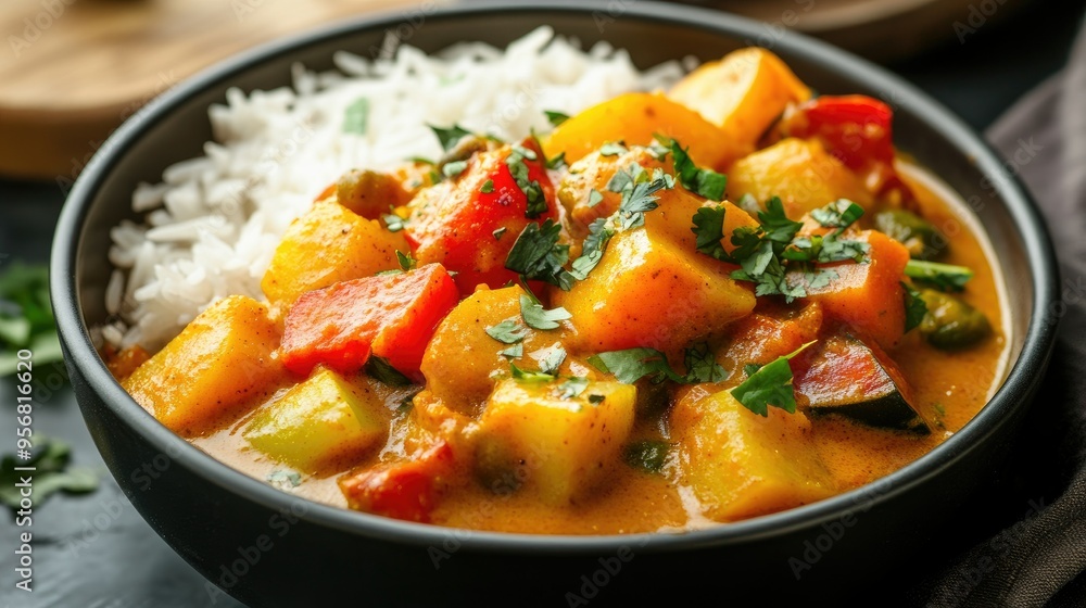 Close-up of a bowl of Indian vegetable korma with a variety of colorful vegetables and a creamy, spiced sauce, served with a side of rice. Close-up of a bowl of Indian vegetable korma with a variety of colorful vegetables and a creamy, spiced sauce, served with a side of rice.