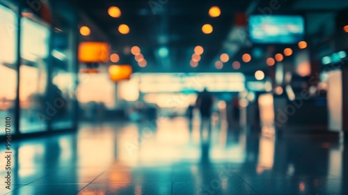 Blurred silhouettes move through a luminous airport terminal, creating an ethereal atmosphere of travel and transition. Warm lights glow against cool tones. photo