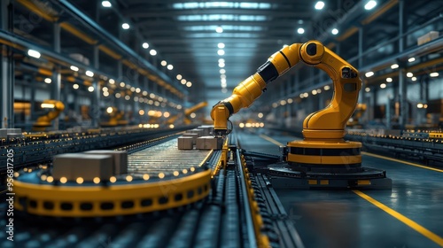 a bustling warehouse interior with robotic arms and conveyor belts efficiently sorting and moving packages emphasizing automated logistics and modern supply chain operations