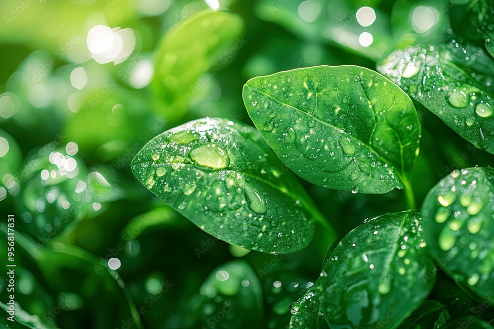 Close-up of green leaves with water droplets, showcasing nature's freshness and vitality. Close-up of green leaves with water droplets, showcasing nature's freshness and vitality.