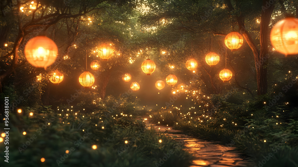 Naklejka premium 3D Glossy Forest Clearing with Lanterns for Mid Autumn Festival concept as A glossy forest clearing background illuminated by lanterns creating a mystical and reflective setting for the Mid Autumn Fes