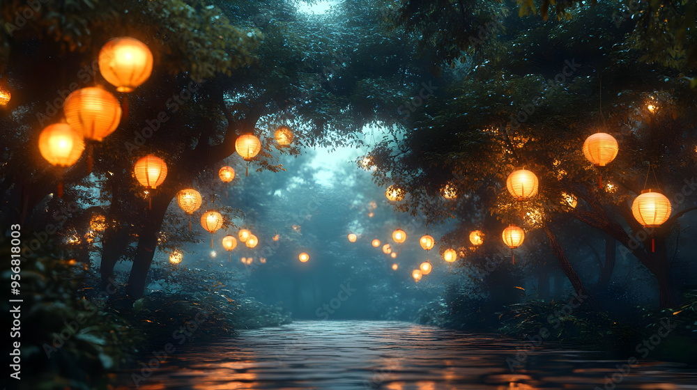 3D Glossy Forest Clearing with Lanterns for Mid Autumn Festival concept as A glossy forest clearing background illuminated by lanterns creating a mystical and reflective setting for the Mid Autumn Fes 3D Glossy Forest Clearing with Lanterns for Mid Autumn Festival concept as A glossy forest clearing background illuminated by lanterns creating a mystical and reflective setting for the Mid Autumn Fes
