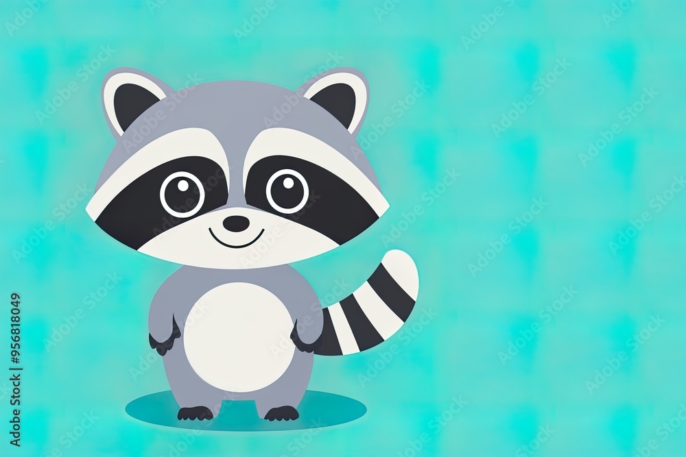 A cute cartoon raccoon character with a friendly expression on a teal background. A cute cartoon raccoon character with a friendly expression on a teal background.
