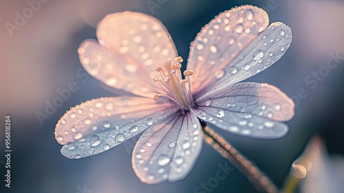 Close-up of a delicate flower with glistening water droplets on its petals, capturing the intricate details and fresh, dewy appearance.