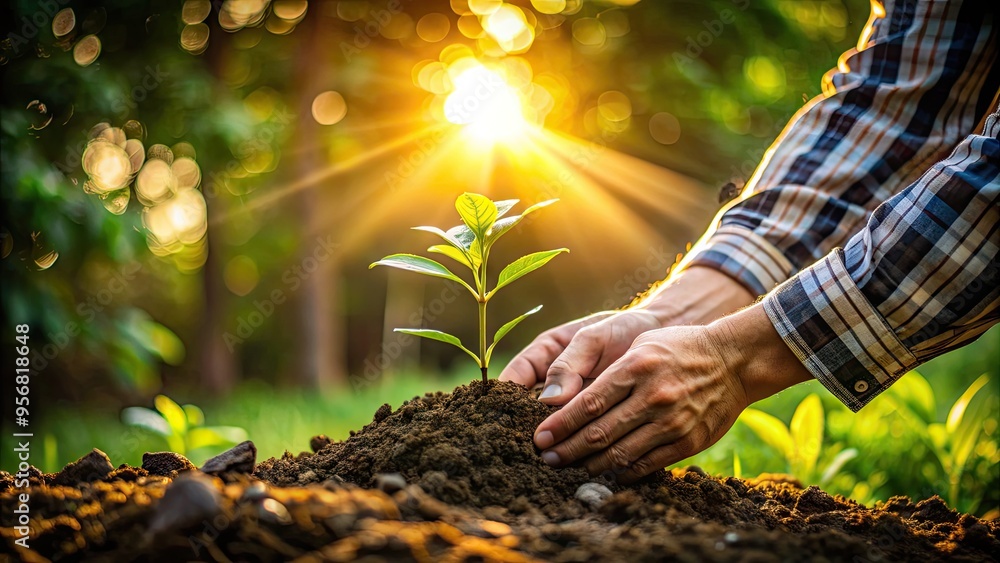 Fototapeta premium A gentle gardener tenderly places a small sapling in the earth, surrounded by lush greenery, as warm sunlight filters through the serene natural setting.