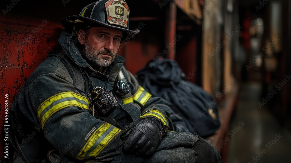 A firefighter takes a moment to rest after a long shift, their uniform showing signs of hard work and dedication A firefighter takes a moment to rest after a long shift, their uniform showing signs of hard work and dedication