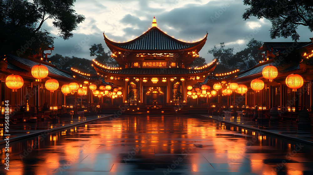 3D Glossy Temple Courtyard with Lanterns for Mid Autumn Festival concept as A glossy temple courtyard illuminated by lanterns creating a sacred and reflective background for the Mid Autumn Festival. T 3D Glossy Temple Courtyard with Lanterns for Mid Autumn Festival concept as A glossy temple courtyard illuminated by lanterns creating a sacred and reflective background for the Mid Autumn Festival. T