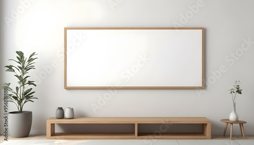 A minimalist living room with a wooden TV stand and a large empty white frame on the wall.