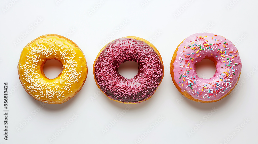 Three colorful bright sweet donuts in glaze with sprinkles. Delicious glazed donuts on a white background. Top view. generation AI Three colorful bright sweet donuts in glaze with sprinkles. Delicious glazed donuts on a white background. Top view. generation AI