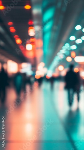 Blurred urban nightscape with vibrant neon lights reflecting on wet pavement, creating a dreamy atmosphere of city life after dark. Silhouettes of people walking add mystery.