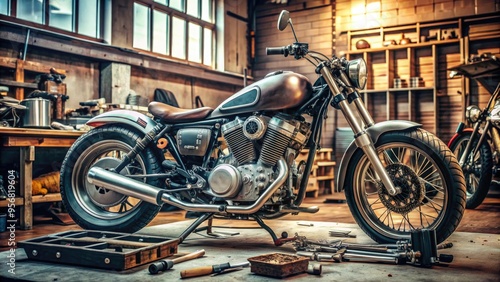 A greased-up motorcycle lies on a workbench amidst scattered tools, with a chrome exhaust pipe and engine components exposed, awaiting repair or maintenance.