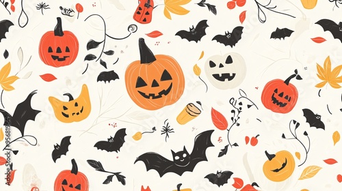 Halloween Pumpkin and Bat Seamless Pattern