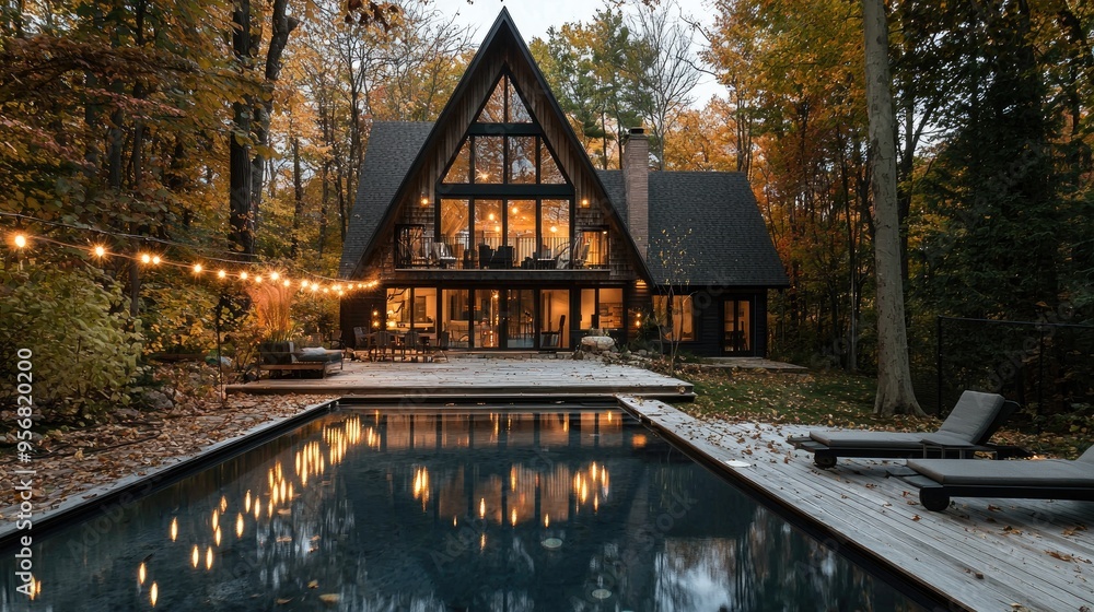 Fototapeta premium photography for interior magazine, architecture photgraph, realisitc, wide angle shot of an a frame house in new england in autumn, woods, bay, lights, pool, string lights