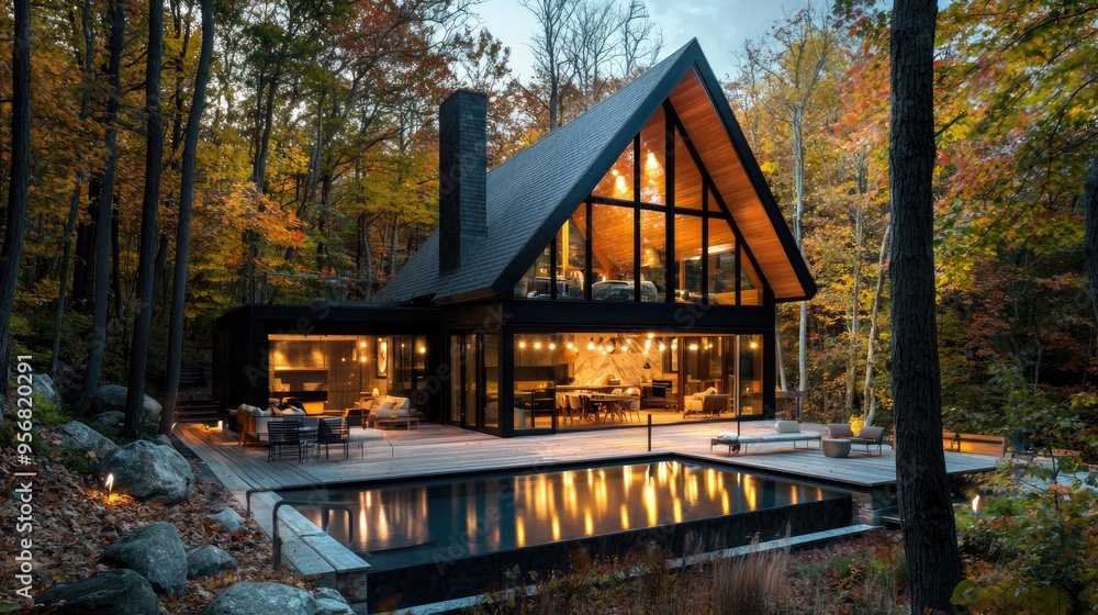 Obraz premium photography for interior magazine, architecture photgraph, realisitc, wide angle shot of an a frame house in new england in autumn, woods, bay, lights, pool, string lights