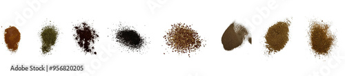 Close-up shot of 8 types of spices on white background