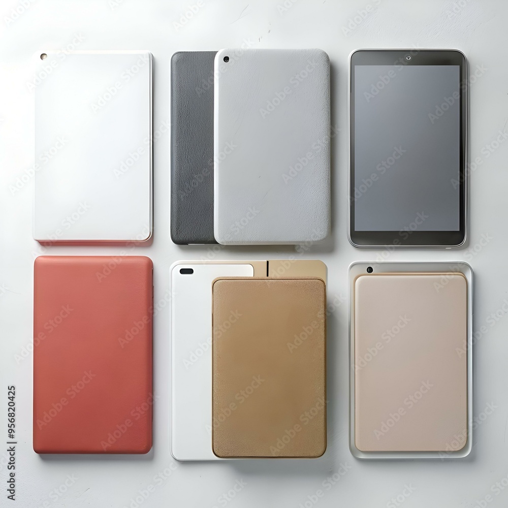 A flat lay of six different tablet covers with a variety of textures and colors. A flat lay of six different tablet covers with a variety of textures and colors.
