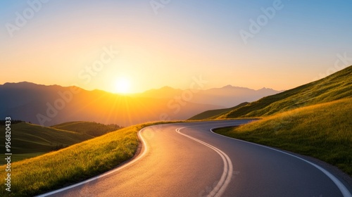 Journey at Dusk, a tranquil sunset casts warm hues over a winding road, symbolizing life's journey and the quest for purpose in a minimalist and open landscape.