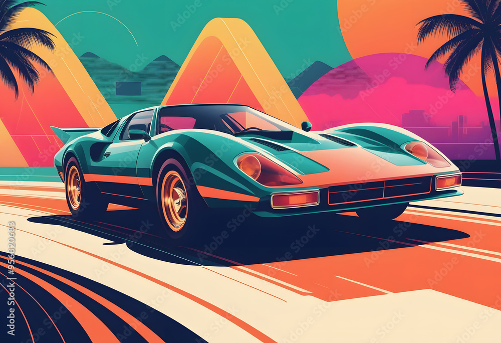 Retro 80s sci-fi futuristic style background with supercar. Vector ...