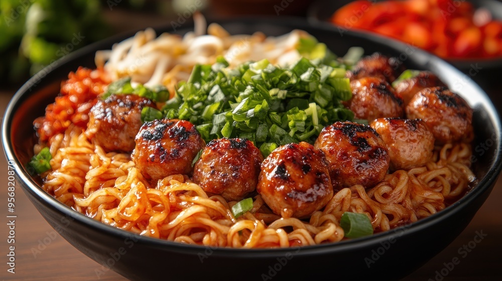 Delicious Bowl of Ramen Noodles with Meatballs Delicious Bowl of Ramen Noodles with Meatballs