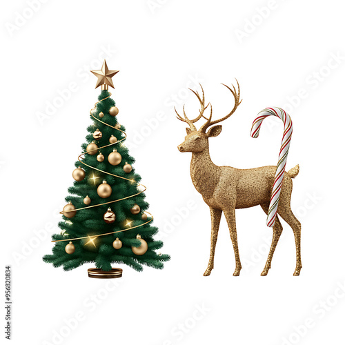 Christmas decorations vector collection. Set of realistic 3d white gold trendy decorations for christmas design. Christmas tree, deer, candy cane. png isolated background.