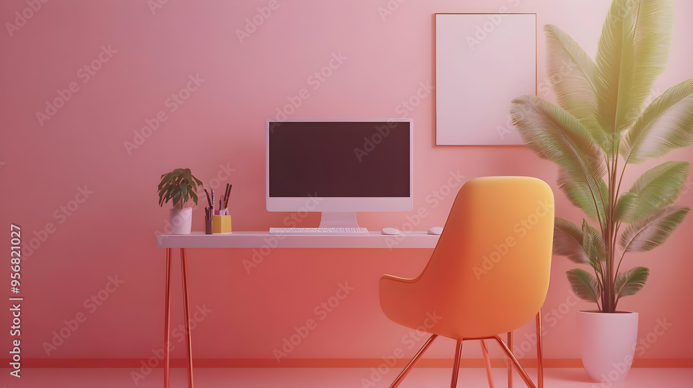 3D Icon Desktop and chair with Remote Work Setup text in a border frame with copy space concept as Camera movement Pan across the desktop and chair focusing on the text. Scene Organized and modern lay 3D Icon Desktop and chair with Remote Work Setup text in a border frame with copy space concept as Camera movement Pan across the desktop and chair focusing on the text. Scene Organized and modern lay