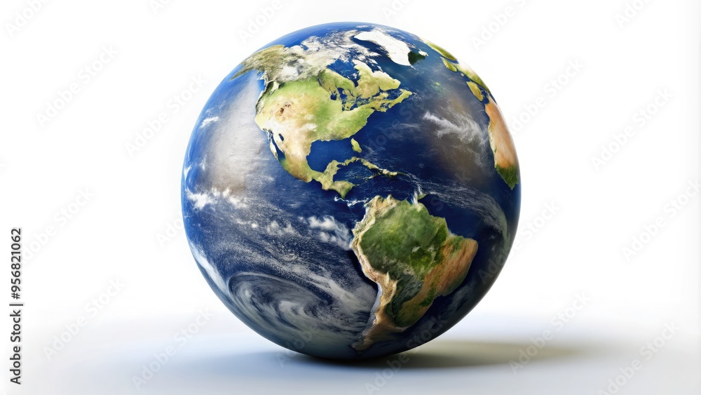 Fototapeta premium A high-contrast, isolated illustration of Earth, rendered in stunning detail, set against a pure white background, highlighting the planet's majestic beauty and fragile uniqueness.