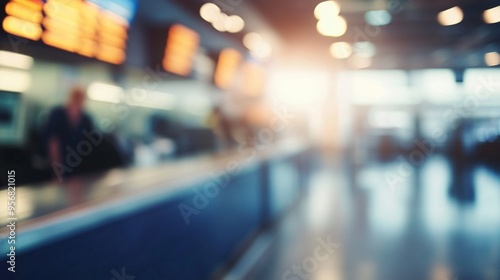 Blurred interior of bustling airport terminal with illuminated departure boards and check-in counters, capturing the essence of travel and anticipation.