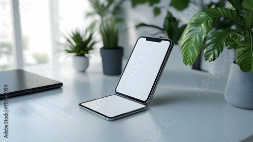 Wallpaper Mural 3D Icon Desktop and phone with Work Anywhere text in a border frame with copy space concept as Camera movement Pan across the desktop and phone focusing on the text. Scene Modern and sleek layout with Torontodigital.ca