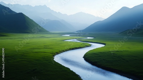 Mountainous serenity, vast rivers flowing through majestic peaks, embodying the essence of existence and the harmonious connection between life and nature in a tranquil scene.