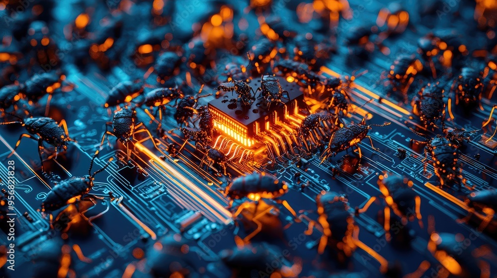 The heart of a computer system overrun with bugs. Te computer system should be macro photography looking over a futuristic CPU with neon lighting insect running over this computer landscape The heart of a computer system overrun with bugs. Te computer system should be macro photography looking over a futuristic CPU with neon lighting insect running over this computer landscape