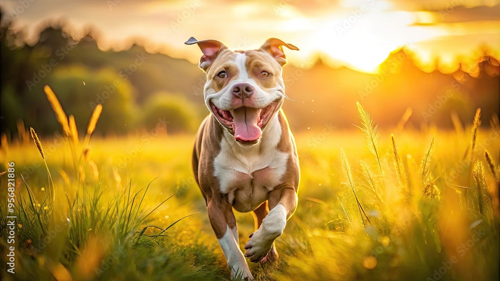 A joyful pitbull with a goofy grin and wagging tail runs freely in a sun-kissed field, exuding pure happiness and carefree innocence. A joyful pitbull with a goofy grin and wagging tail runs freely in a sun-kissed field, exuding pure happiness and carefree innocence.