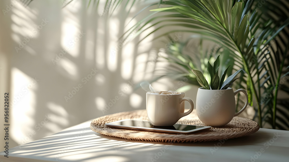 3D Icon Tablet and coffee mug with Morning Routine text in a border frame with copy space concept as Camera movement Zoom into the tablet and coffee mug with text. Scene Relaxed and modern layout with 3D Icon Tablet and coffee mug with Morning Routine text in a border frame with copy space concept as Camera movement Zoom into the tablet and coffee mug with text. Scene Relaxed and modern layout with