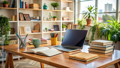 Wallpaper Mural A laptop and online learning materials sit on a cluttered desk surrounded by books and notes, with a blurred background of a home office space. Torontodigital.ca