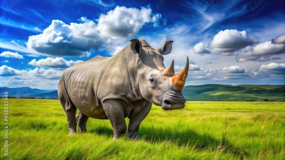 Fototapeta premium A large southern square-lipped rhinoceros with gray skin and distinctive square upper lip roams freely in a lush green savannah under a bright blue sky.