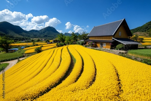 Countryside scenery, rustic barns, golden fields capture the charm of rural life photo