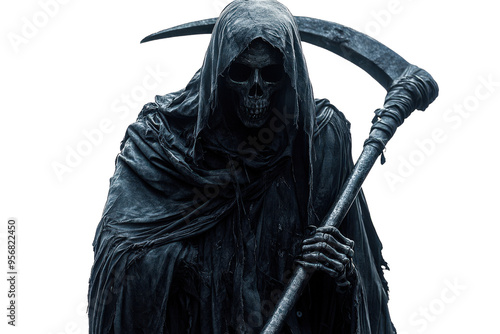 A dark and ominous figure cloaked in shadows, symbolizing death with an iconic scythe. Perfect for themes of fear and mystery.