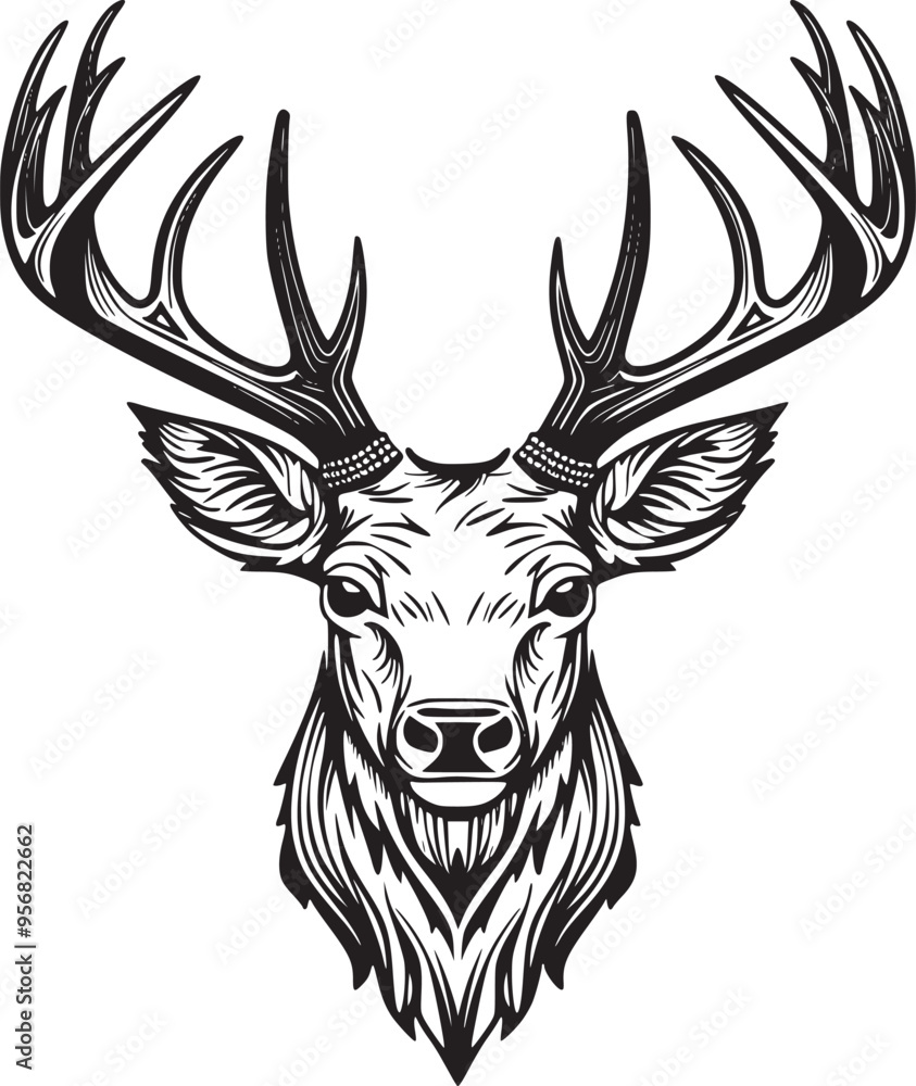 Rain Deer Head Black and White logo illustration for T-shirt design Rain Deer Head Black and White logo illustration for T-shirt design