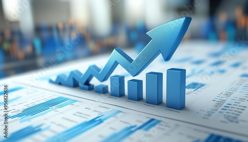 A arrow graph pointing upward against a background of financial charts and graphs, all in blue tones with a subtle white paper texture, representing economic growth and financial analysis.