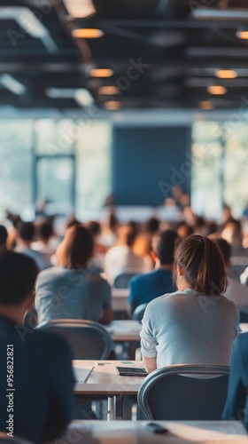 Attentive audience in a modern conference hall, focusing on distant speaker. Blurred foreground emphasizes depth, capturing essence of learning environment.