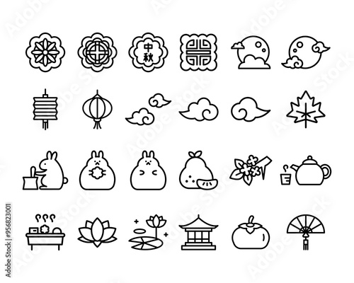 chinese mid-autumn festival icon outline set